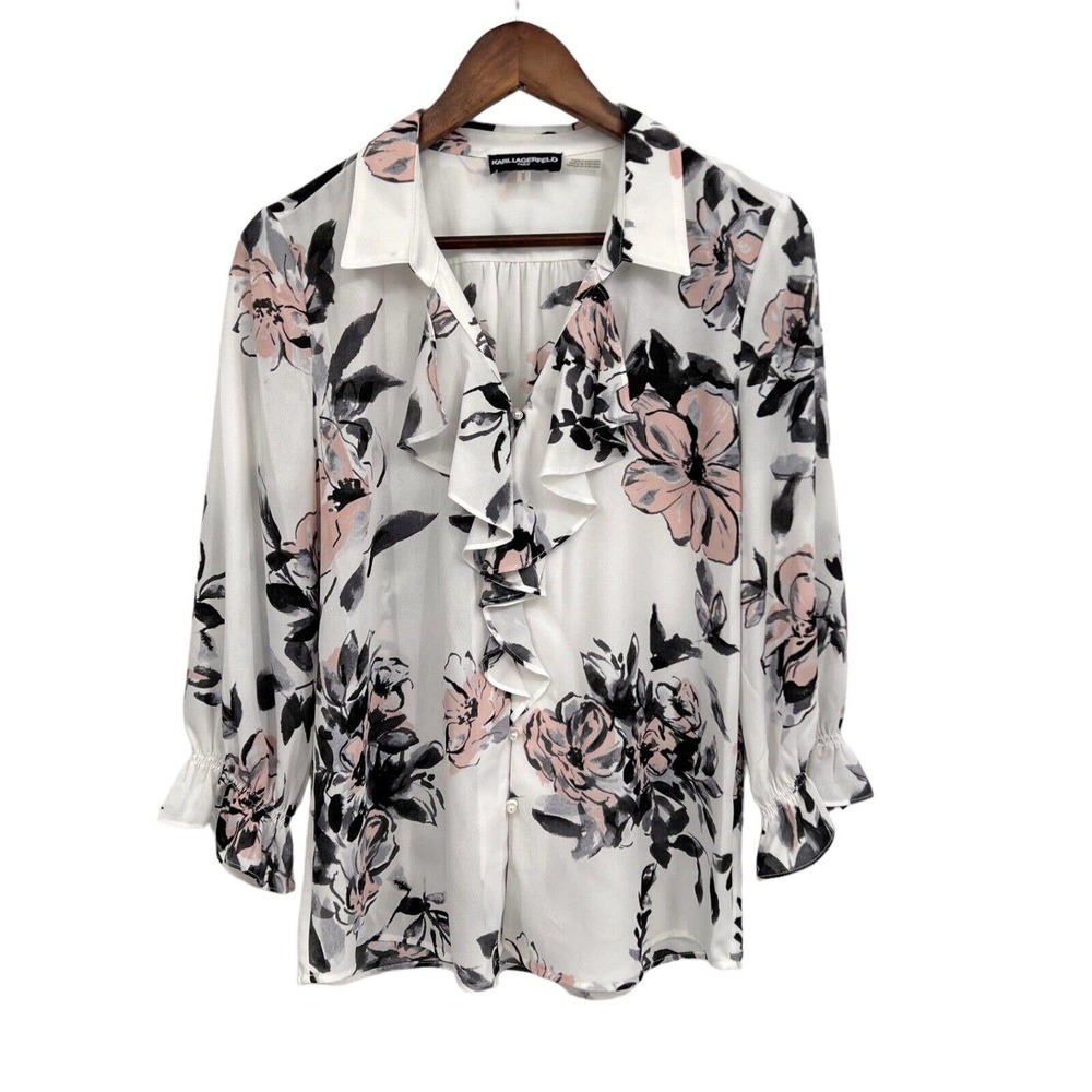 Karl Lagerfeld Popover Blouse Top M Floral Ruffled Flare Cuff Faux Pearl Button